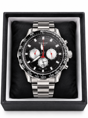 Relógio Tisso Supersport Chrono Funcional Mostrador Preto Aço Inoxidável Luxo